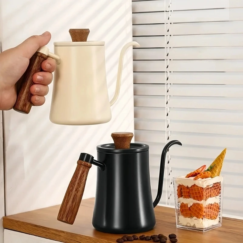 

304 stainless steel hand brewed coffee pot with lid, hanging ears long mouth, thin mouth pot with thermometer and internal scale