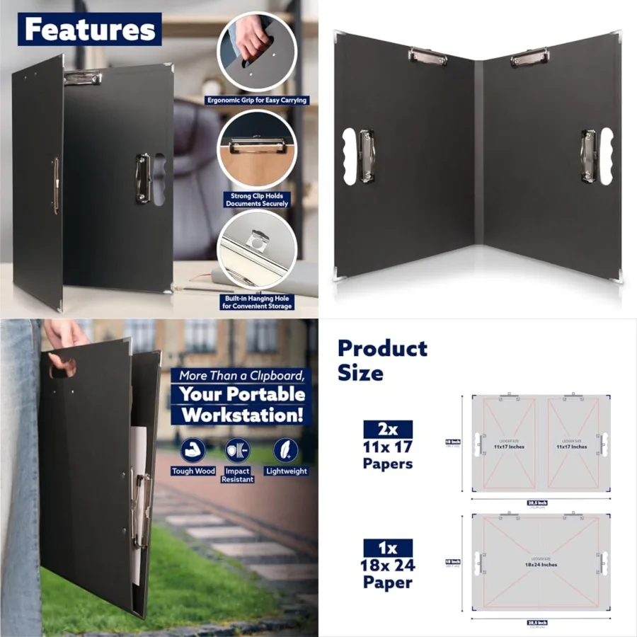 Portapapeles de 18x24 para artistas y arquitectos: carpeta de archivos plegable y tablero de dibujo con 4 clips y protectores de esquinas, pliegues