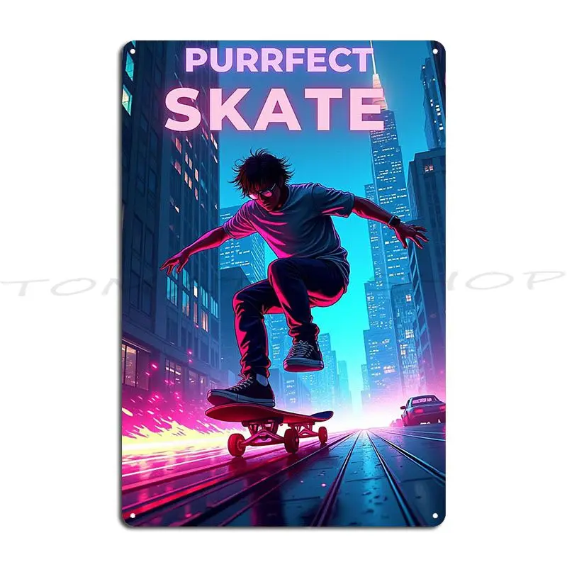 Neon Wave Surf the Future Neon Skate Purrfect Skate Metal Sign Wall Plaque Home Kitchen Wall Decor Custom  Tin Sign Poster