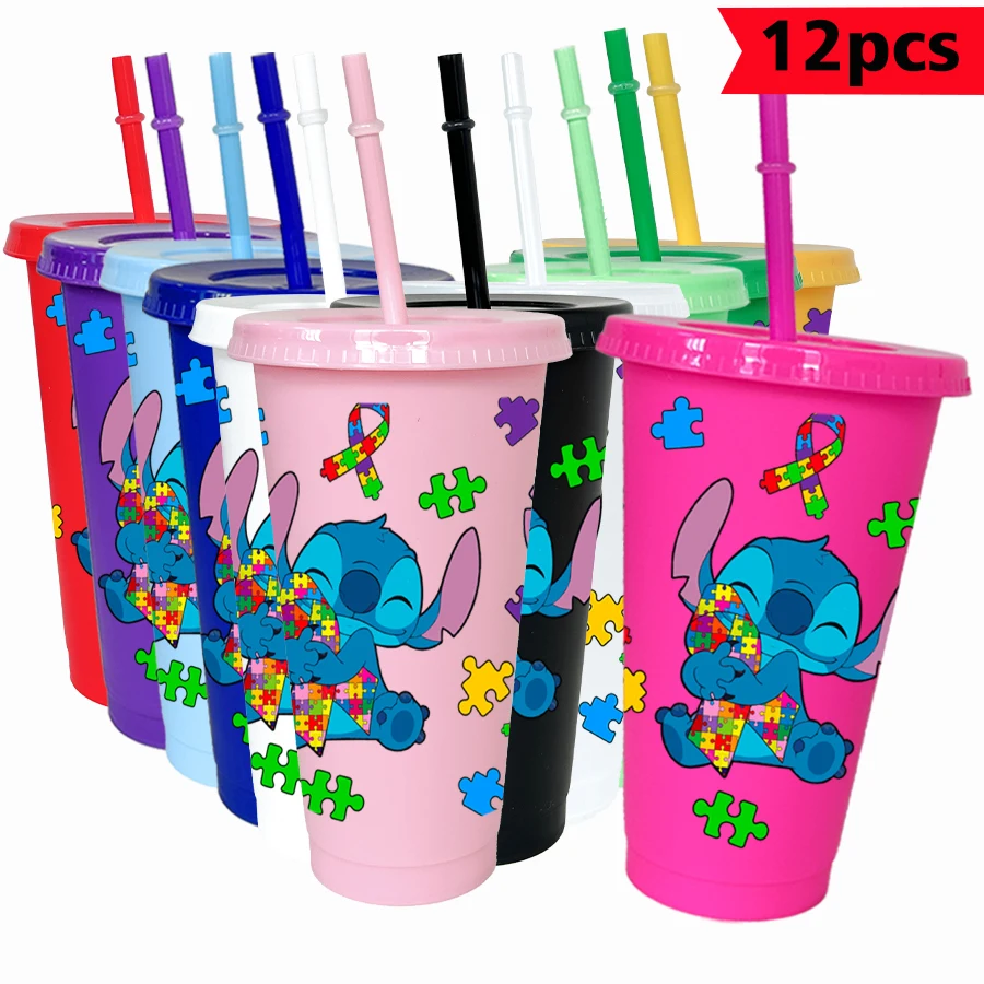 

12Pcs/pack Disney Stitch Puzzle Blocks 26oz Colored Plastic Tumbler Birthday Party Drinking Utensils Juice Coffee Mug