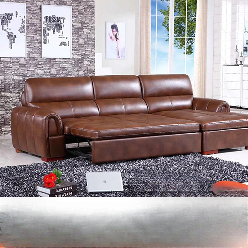 Modern Minimalist Leather Sofa Bed with Storage Extendable Metal Frame for Living Room Hotel Apartment or Hospital Use