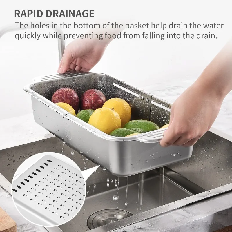 304 Stainless Steel Sink Drain Basket, Retractable Drain Rack, Vegetable Washing Basin, Bowl, Chopsticks, Plate Storage Rack