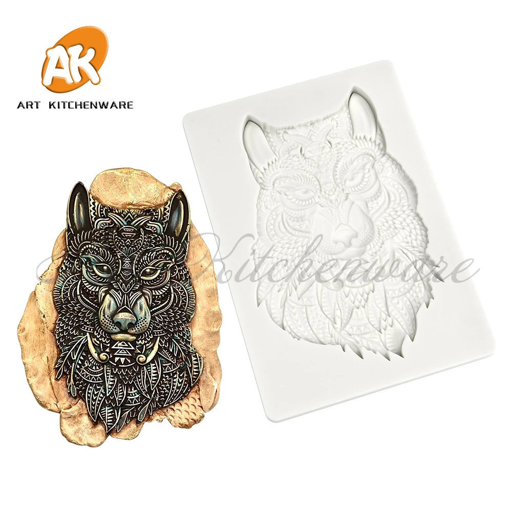 Wolf Head Pattern Relief Silicone Mold Fondant Chocolate Cake Mold DIY Resin Clay Embossed Making Mould Home Decorating Tools