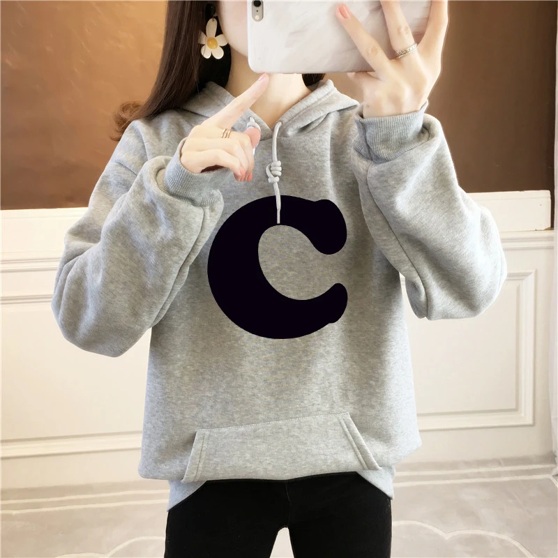 Women Clothing Hoodes Letter Ptinted Hoodies Autumn Loose Casual Pockets Comfortable Sweatshirts Simple All-match Pullover Top