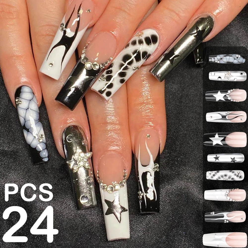 24Pcs Long Square Press On Nails French Crocodile Print Fake Nails Sparkly Diamond Covered Nail Tips Detachable Punk