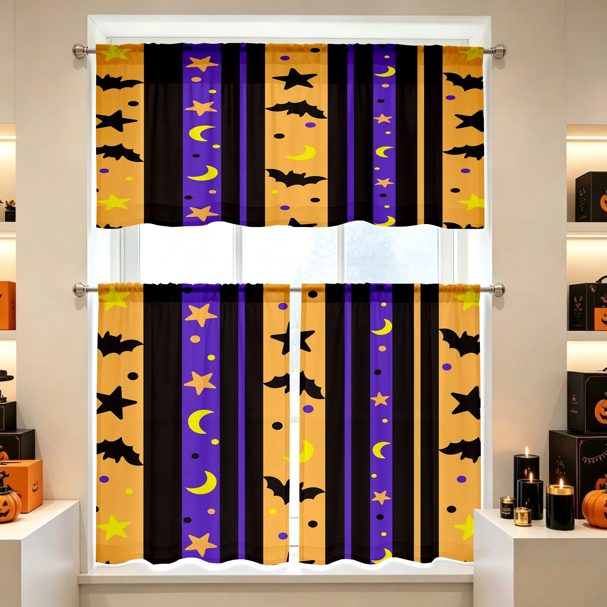 Halloween Fall Kitchen Curtains, Skull Cat Tombstone, Digital Print, Kitchen Dining Room, Rod Pocket Polyester, Home Decor