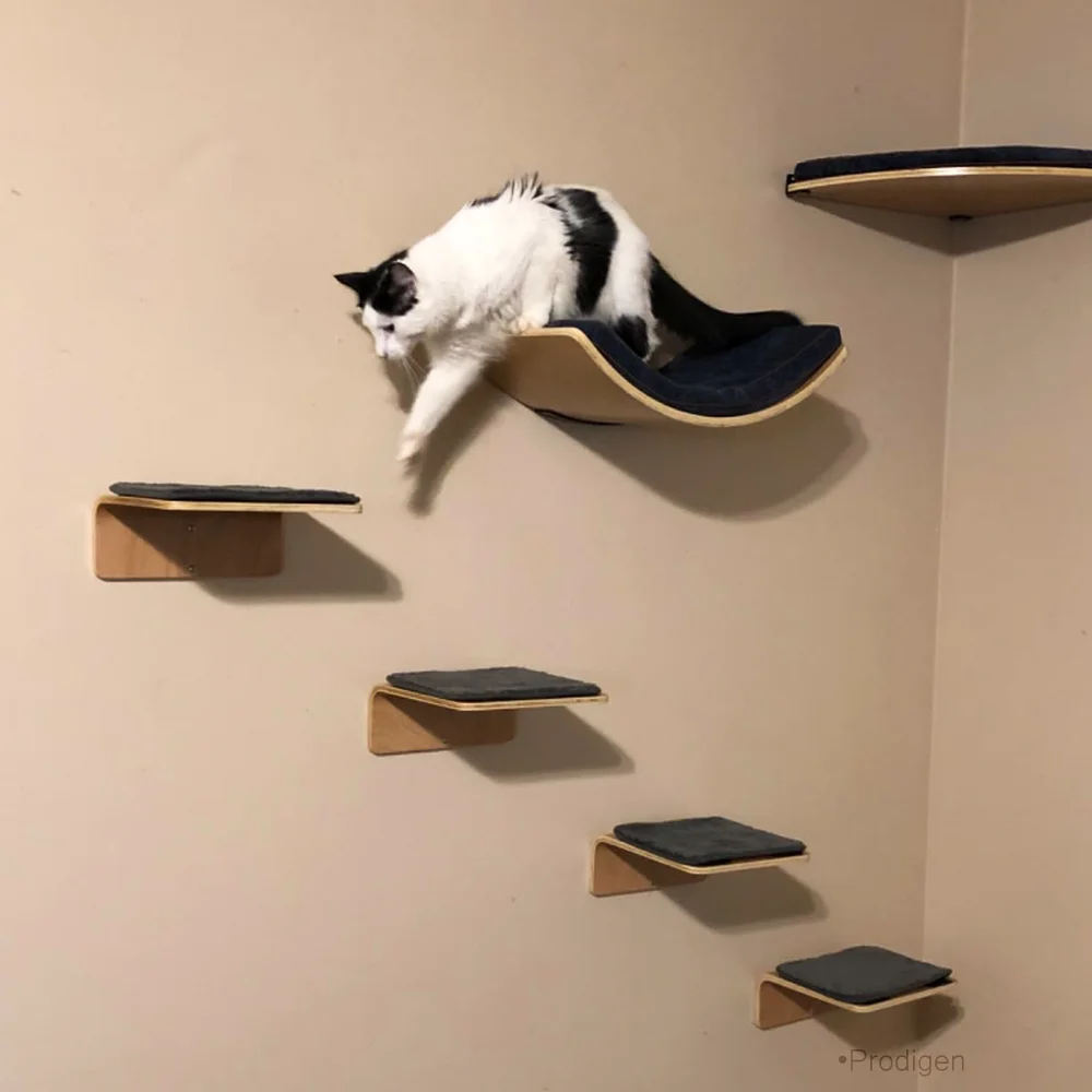 Wall Mounted Cat Climbing Shelves Cat Hammock with Ladder and Scratching Post Wooden Platform Pet Furniture for Kitten Playing