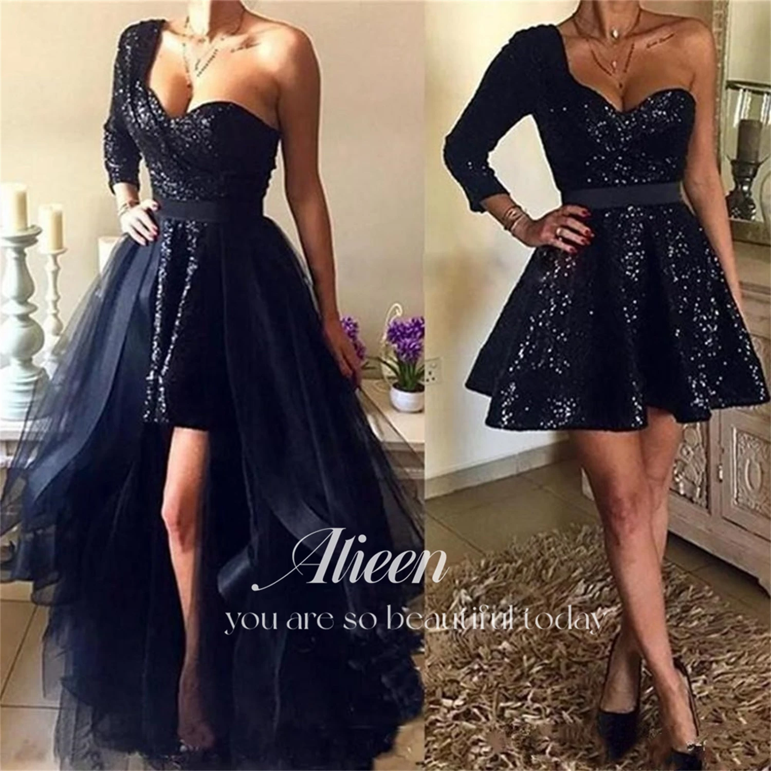 

Aileen 2 in 1 Black Sequins Prom Dresses with Detachable Skirt 2023 One Shoulder Long Sleeve Arabic African Short Evening Gowns