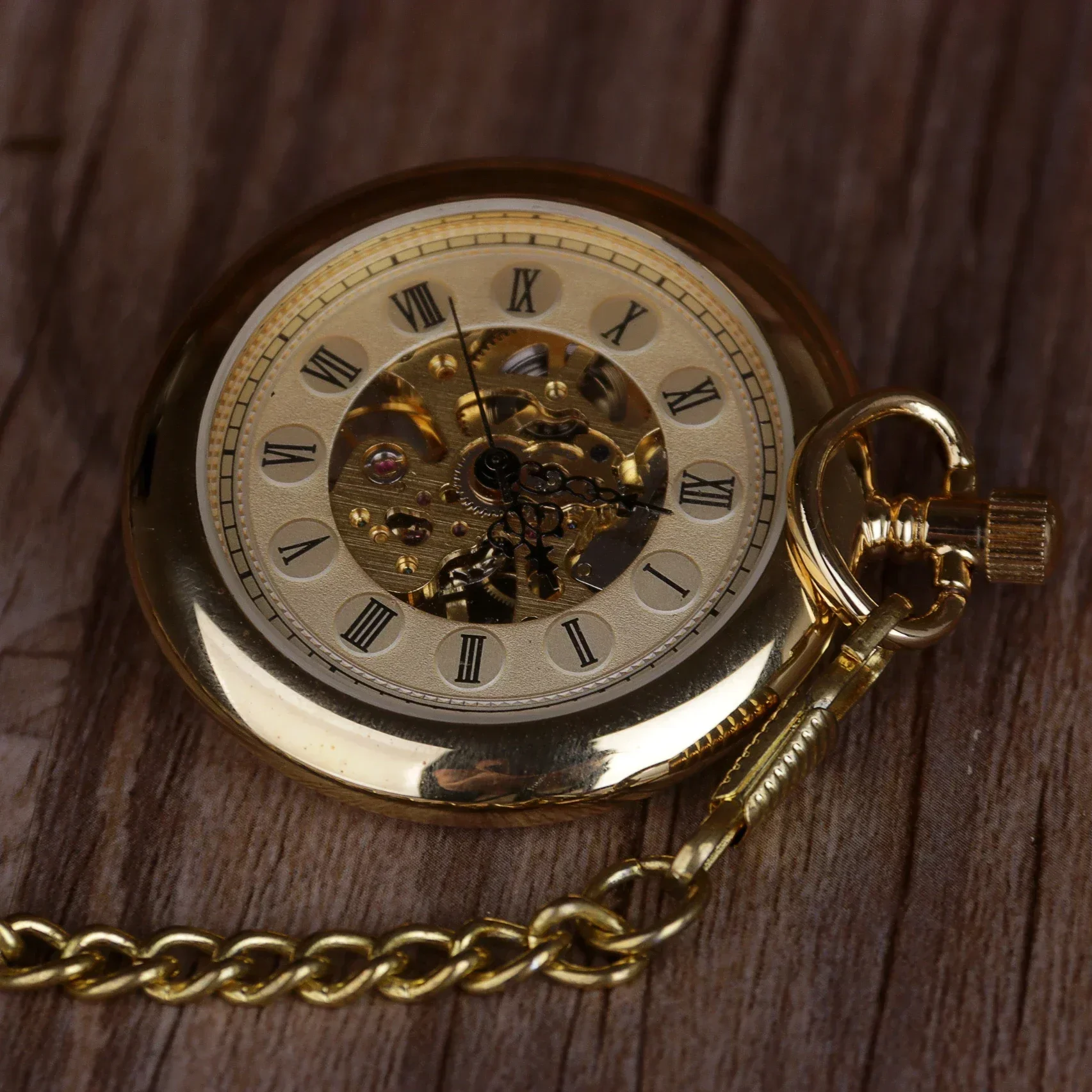 Luxury Gold Skeleton Transparent Mechanical Pocket Watch for Men Women FOB Chain Hand Winding Full Steel Pocket Watch Wholesale