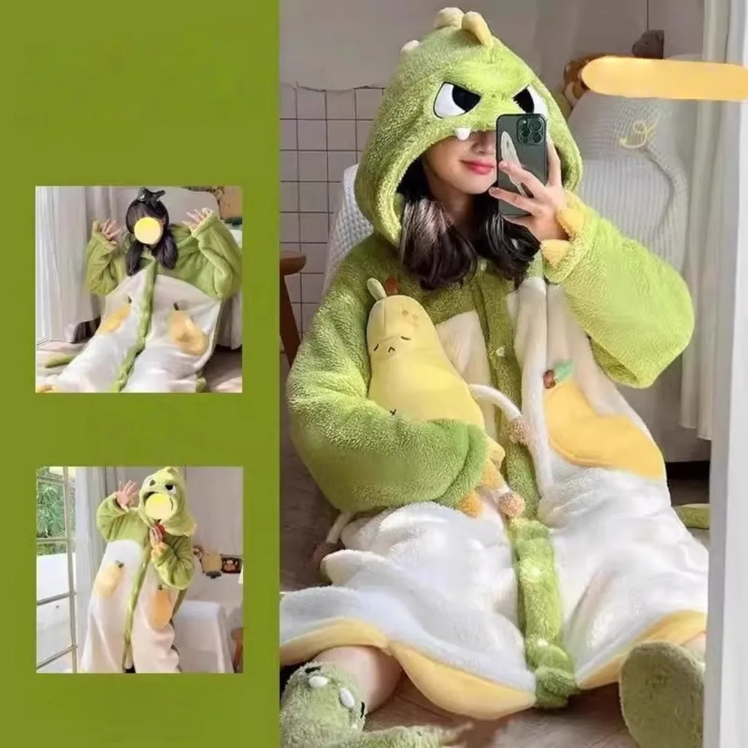Winter Cartoon Dinosaur Pajamas Long Warm Coral Fleece Bathrobe Cute Funny Home Wear Set for Women Halloween Christmas Gifts