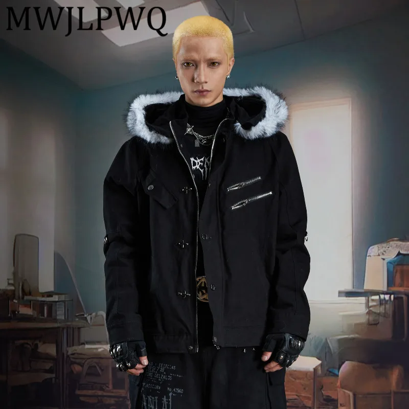 

MWJLPWQ Men's Detachable Furry Hat Hooded Jacket High Street Zipper Buckle Design Autumn 2025 New Unisex Loose Trendy Tops 11934