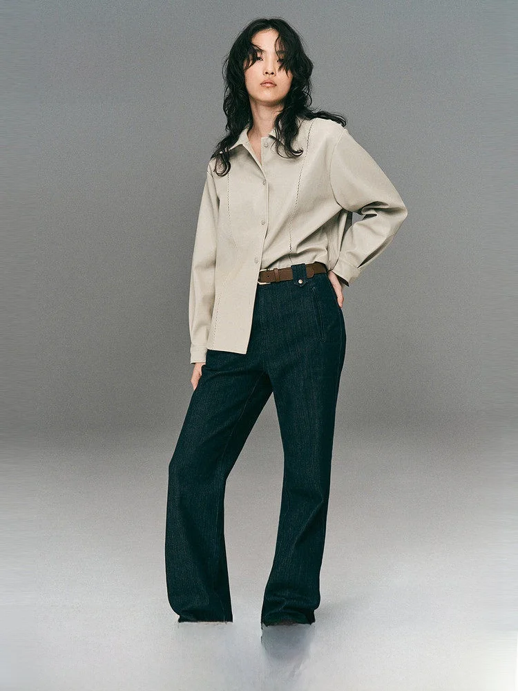 

H&M Women's Loose Fit Leather Shirt Summer Coated Long Sleeve Cleanfit Style Polyester Fabric Fashionable Casual Wear
