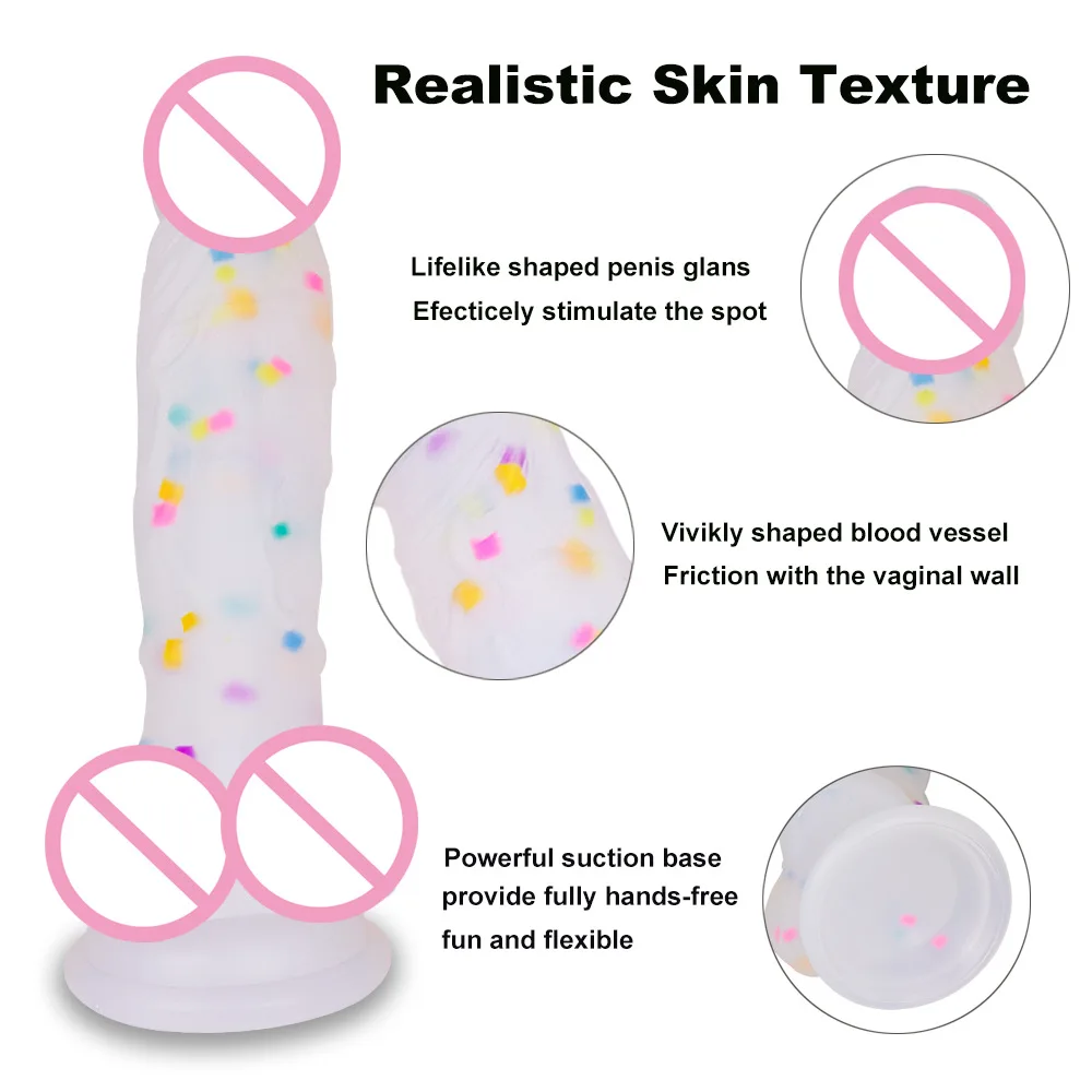 Realistic White/Transparent Silicone Dildo, Imitation Realistic Penis with Multicolor Confetti and Kawaii Suction Cup-LGBT Dildo