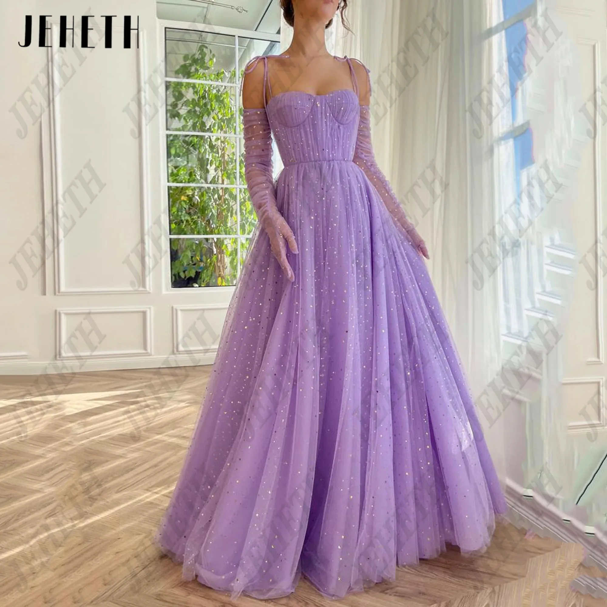 JEHETH Sparkling Purple Prom Dresses For Woman Spaghetti Straps Sweetheart A-Line With Cap Party Gowns Elegant Vestidos De Festa