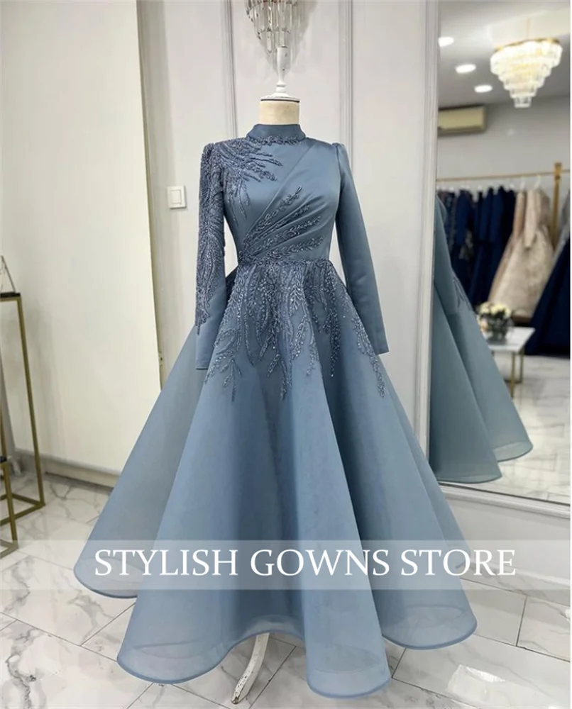 Luxury Haze Blue High Neck Evening Gowns Appliques Satin Muslim Prom Dress 2023 Long Sleeve Saudi Arabic Birthday Party Ball Gow