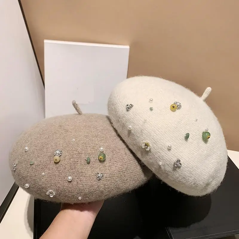 

Шерстяной берет ручной работы с бисером, женский осенне-зимний вязаный теплый шапка в корейском стиле Stylisch