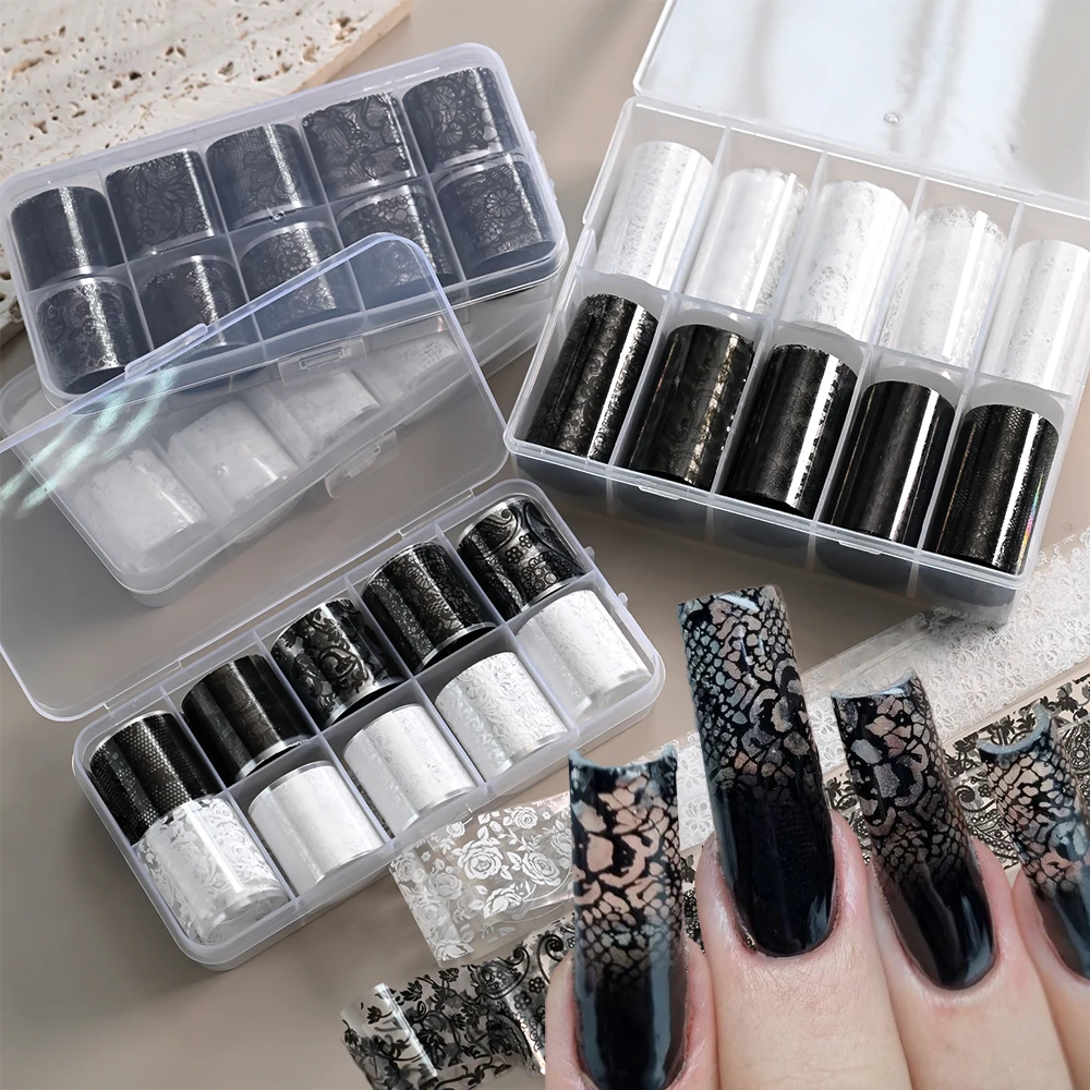 10Rolls Black White Floral Lace Nail Art Transfer Sticker 3D Rose Flower Lace Mesh Nail Foil Paper Decals DIY Sexy Nail Supplies