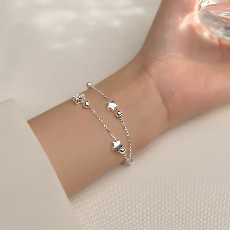 

925 Sterling Silver Star Bracelet Fashion Korean Five-pointed Star Crystal Double Bracelet