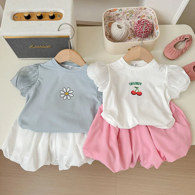 

XTY-2024Summer StyleinsChildren Fresh Bishop Sleeves Top+Bloomers Shorts Baby Girl Suit