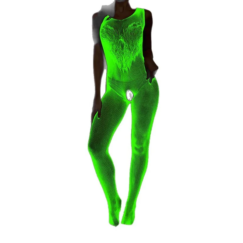 Glow The Dark Lingerie Open Crotch Sexy Sheer Stretchy Mesh Cami Dress Nightgown Women Erotic Luminous See Through Sling Teddy