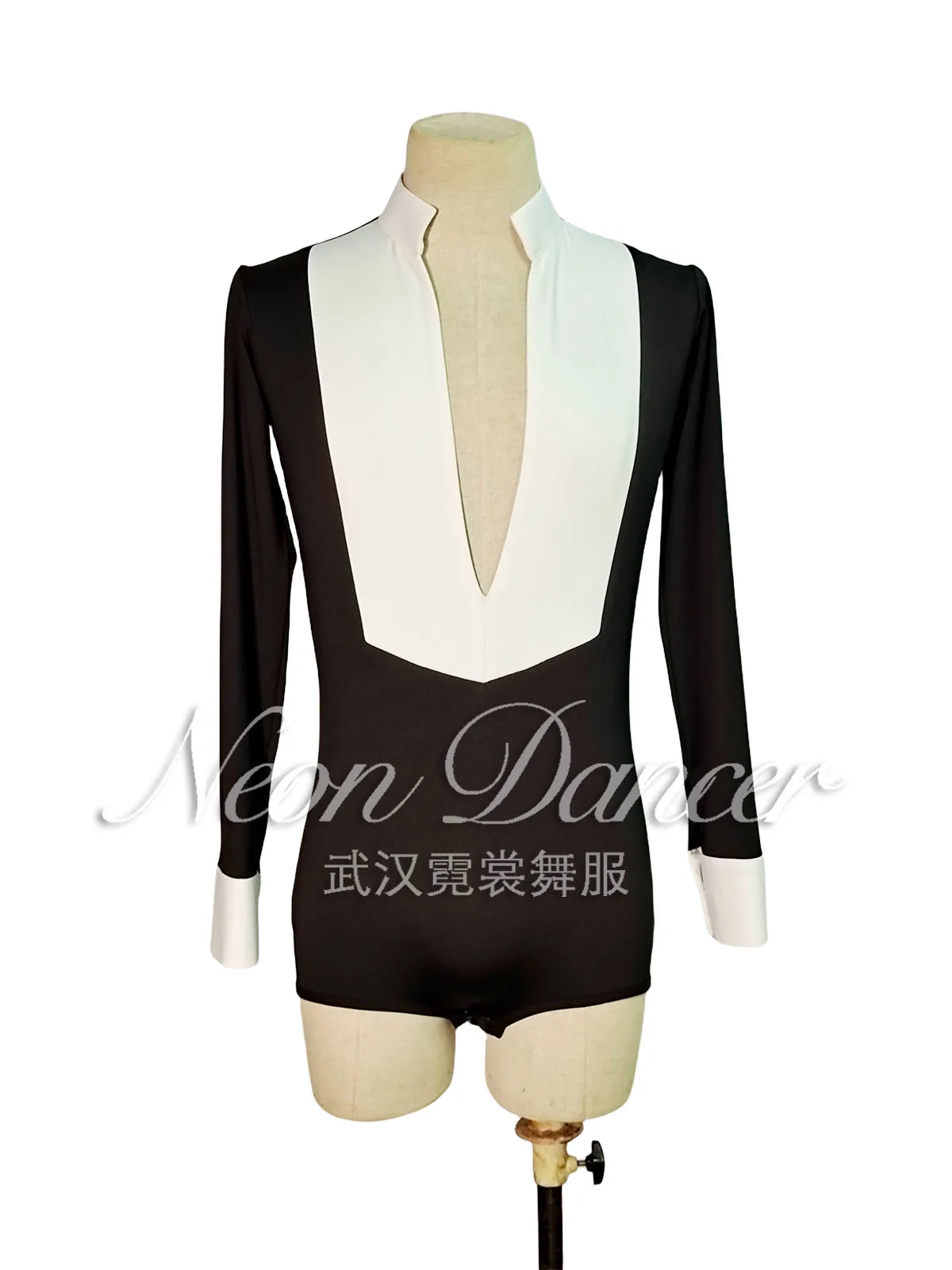 

Neon Dancer Men's Latin Dance Wear Latin Competition Wear Black and White Color Matching Deep V Neck Long Sleeve Top