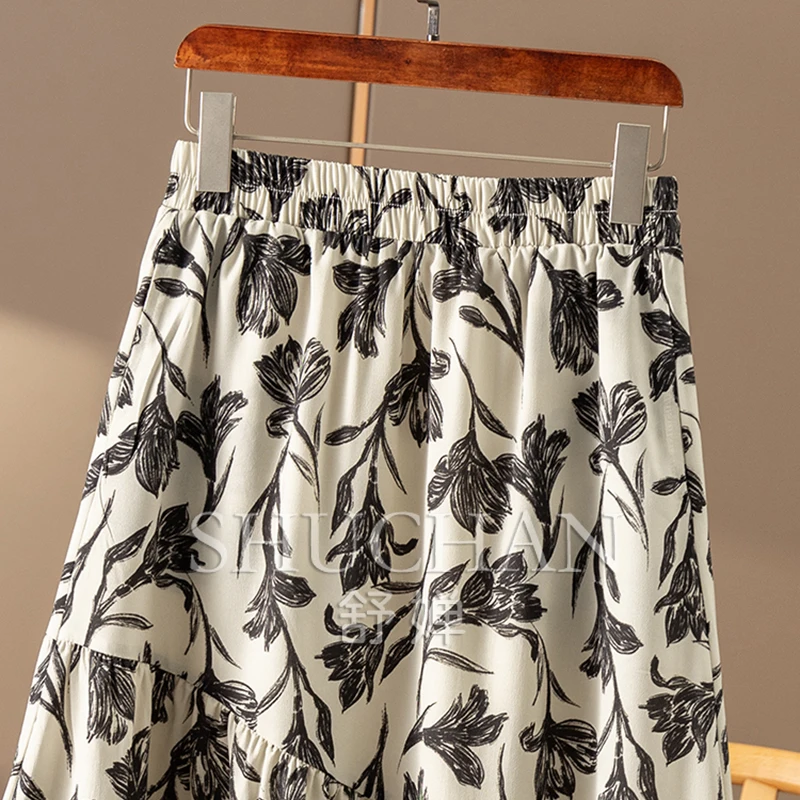 Light and Elegant, French Art Printing 2M + Large Pendulum High Waist Elastic A-shaped Skirt Women 29C1