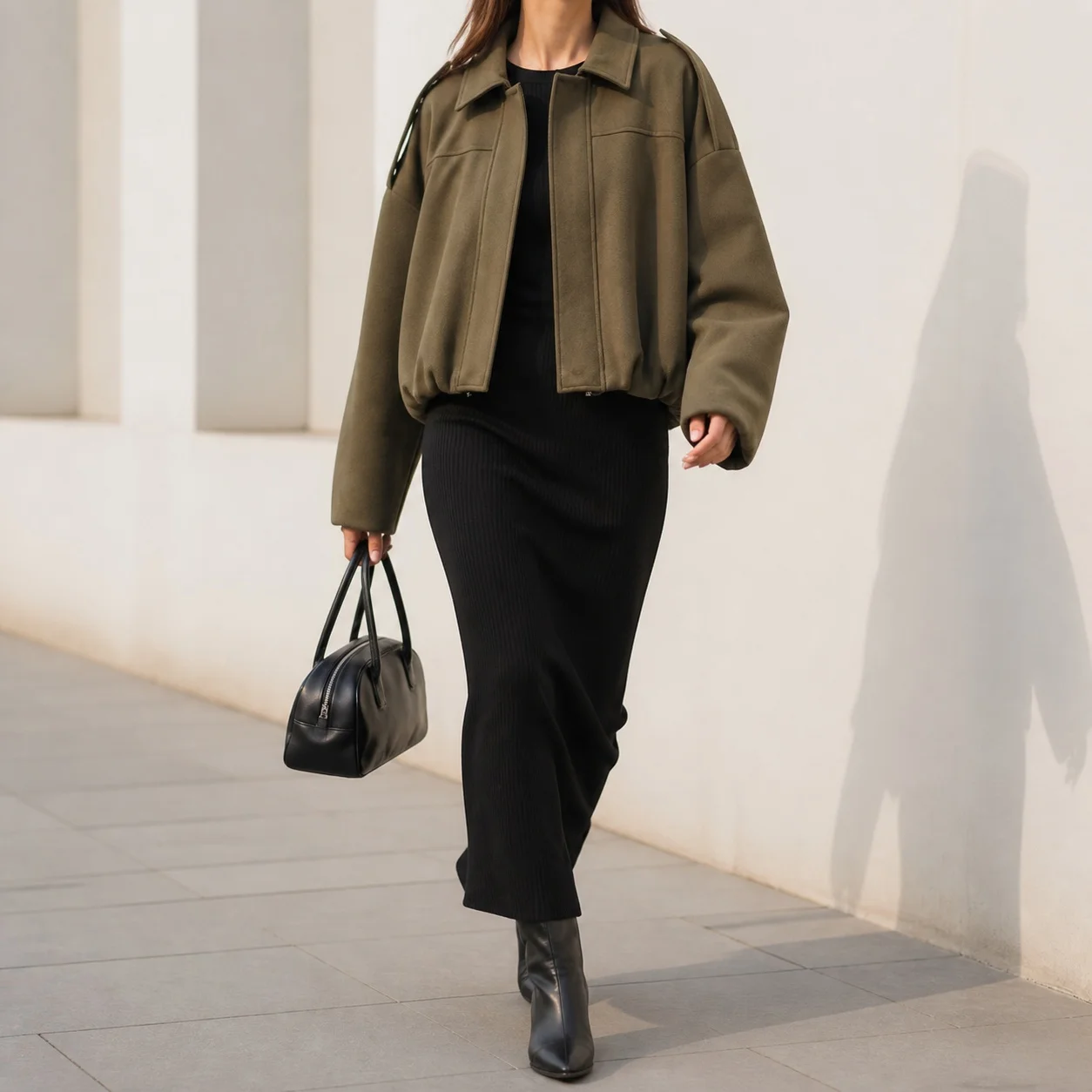Turn Down Collar Zipper Coat Loose Fit Street Style Women Jacket with Long Sleeve Standard Length Drop Shoulder Brushed Finish