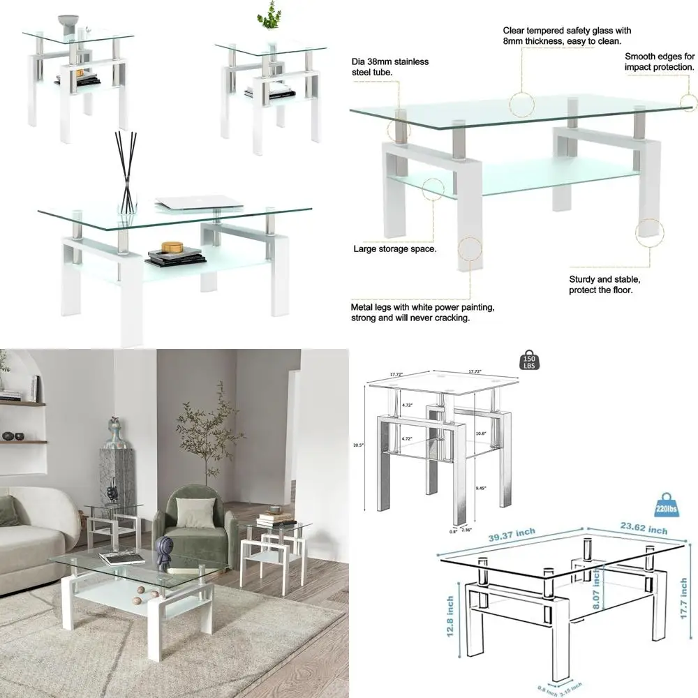 طقم طاولة غرفة المعيشة الزجاجية المكونة من 3 قطع: طاولات القهوة والنهاية مع الزجاج المقسى