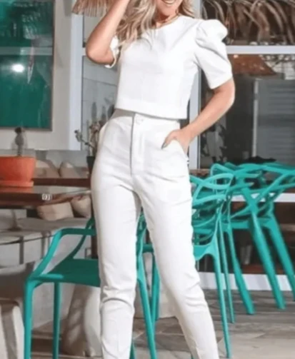 Urban Girl Monochrome Fashionable Round Neck Bubble Sleeve Casual and Pants Two-Piece Set In Stock