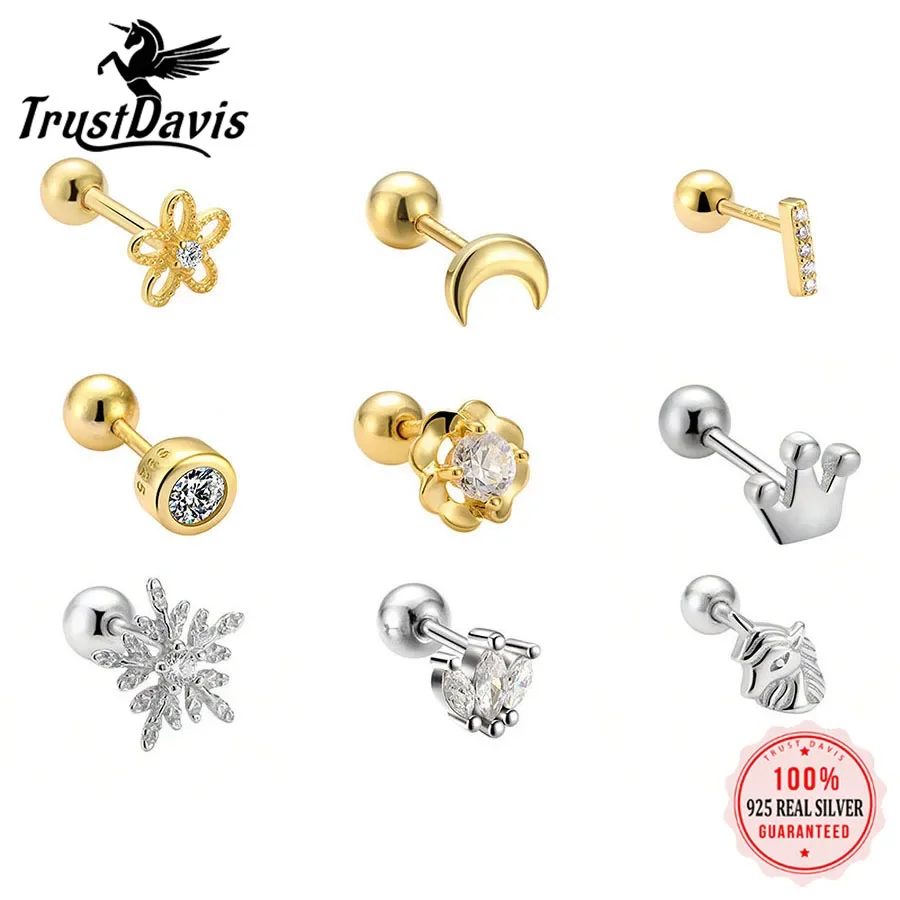 TrustDavis 1Pcs Real 925 Sterling Silver Fashion Cross Flower Crown Beads Screw Stud Earrings For Women Fine Jewelry DA2276