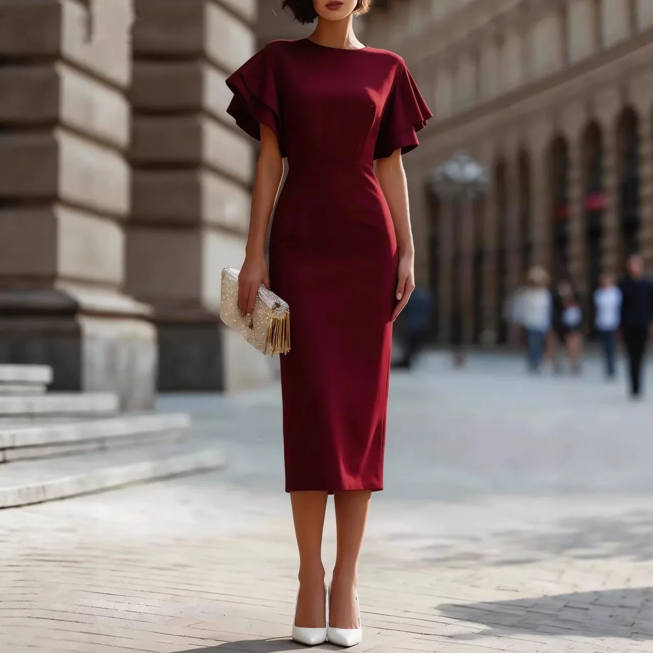 Women Round Neck Double Layer Flutter Sleeve Bodycon Midi Dress Elegant Office Wedding Guest Dresses