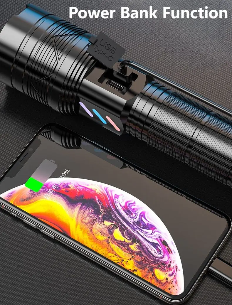 High Power White LED Flashlight Fluorescent Aluminum Torch Light Zoom Rechargeable Waterproof Flash Light for Hiking