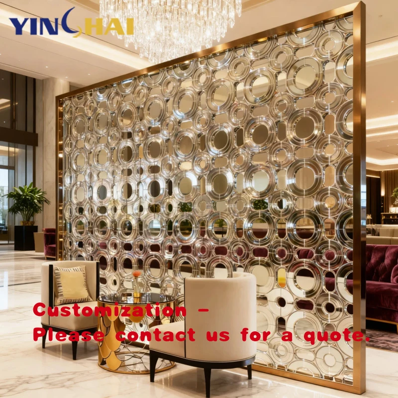 

Перегородка для комнаты на заказ (OEM) из золотого стекла и нержавеющей стали 304, дизайн для гостиной и ресторана, проект перегородки.