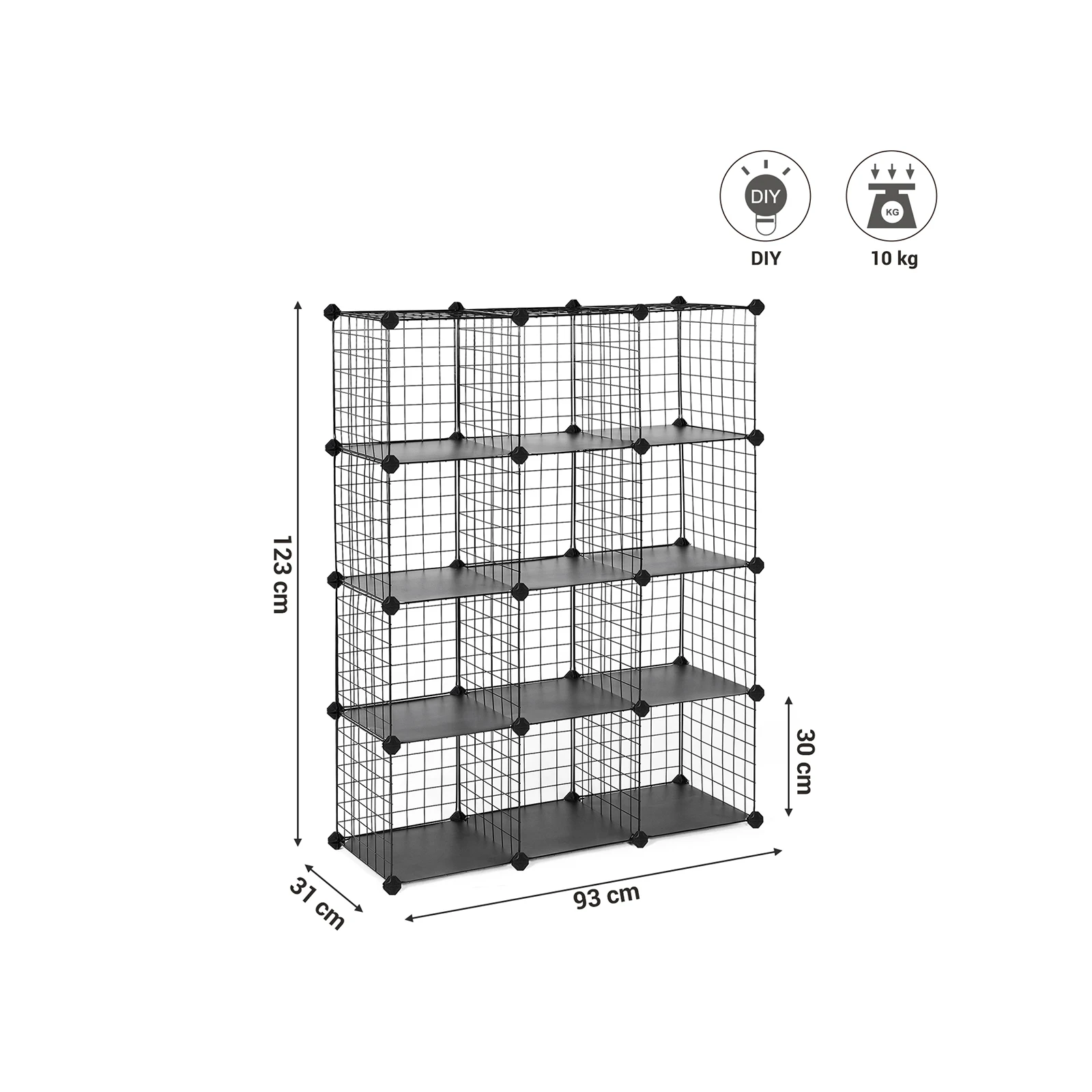 SONGMICS 12-Cube Wire Grid Storage Rack, Interlocking Shelving Unit with Metal Mesh Shelves and PP Plastic Sheets