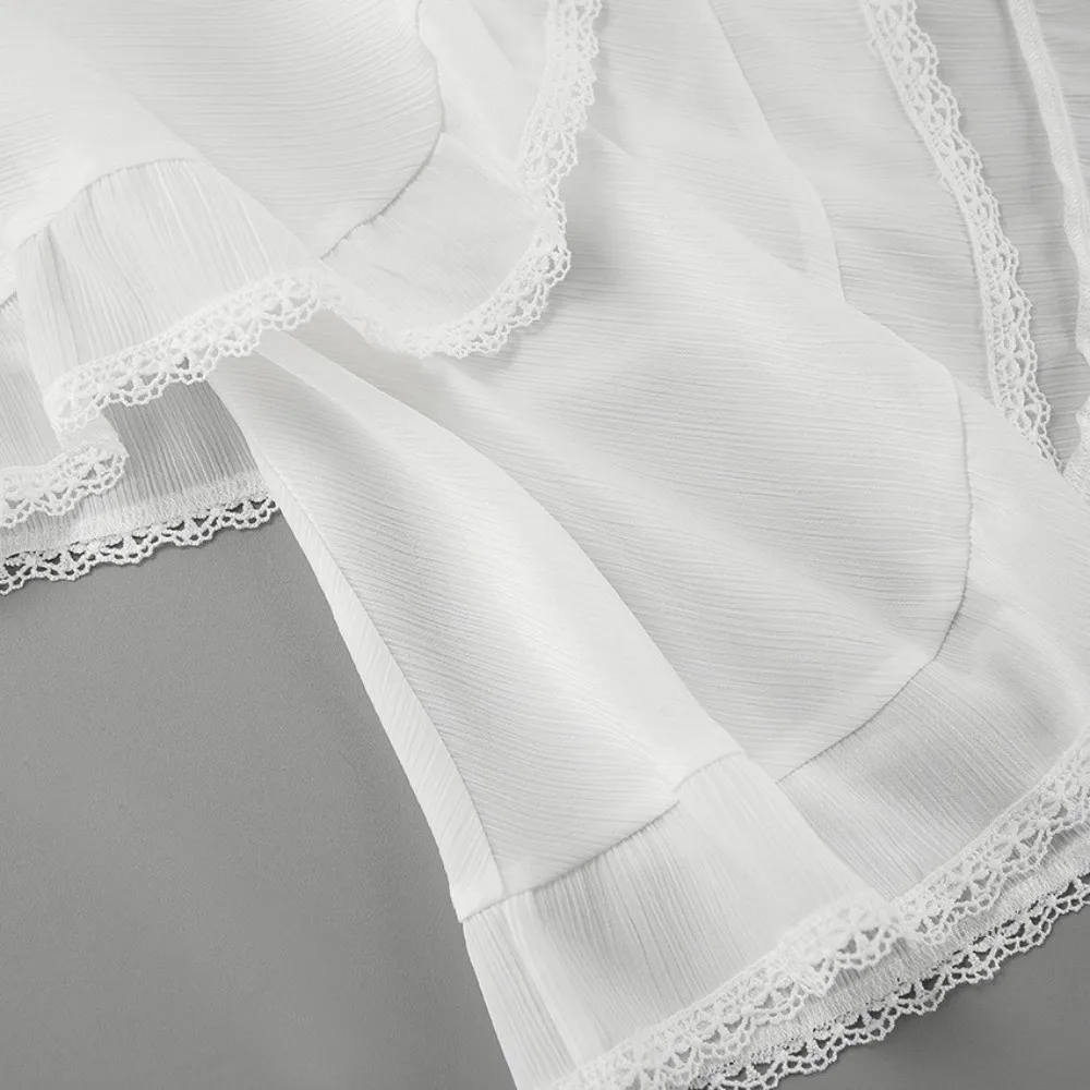 Lace Trim Layer Cake Skirt Double Layer Pleat Shape High Waist Bottom High Waist White Tone Women Half Skirt Daily Outfit