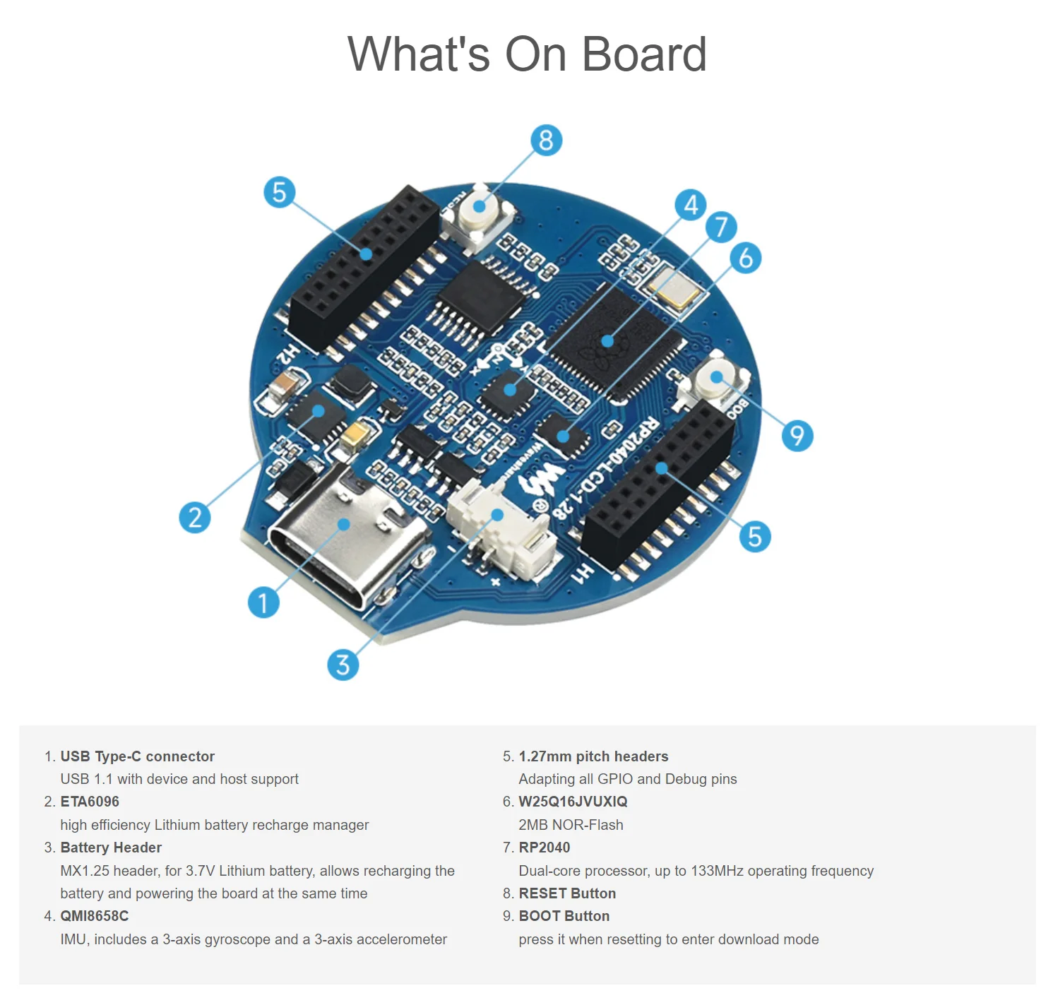 RP2040 MCU Board mit 1,28 zoll Runde LCD Display Beschleunigungsmesser und Gyroskop Sensor