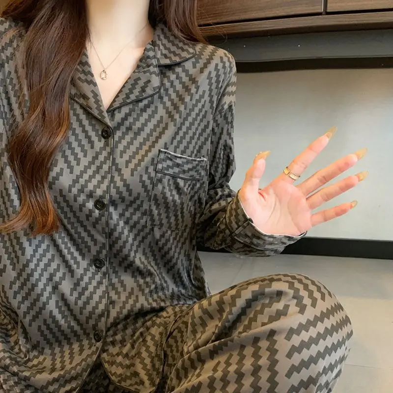Plus Size French High-End Striped Plaid Pajamas for Women Spring and Autumn Long Sleeved Sleepwear Students Nightwear Homewear