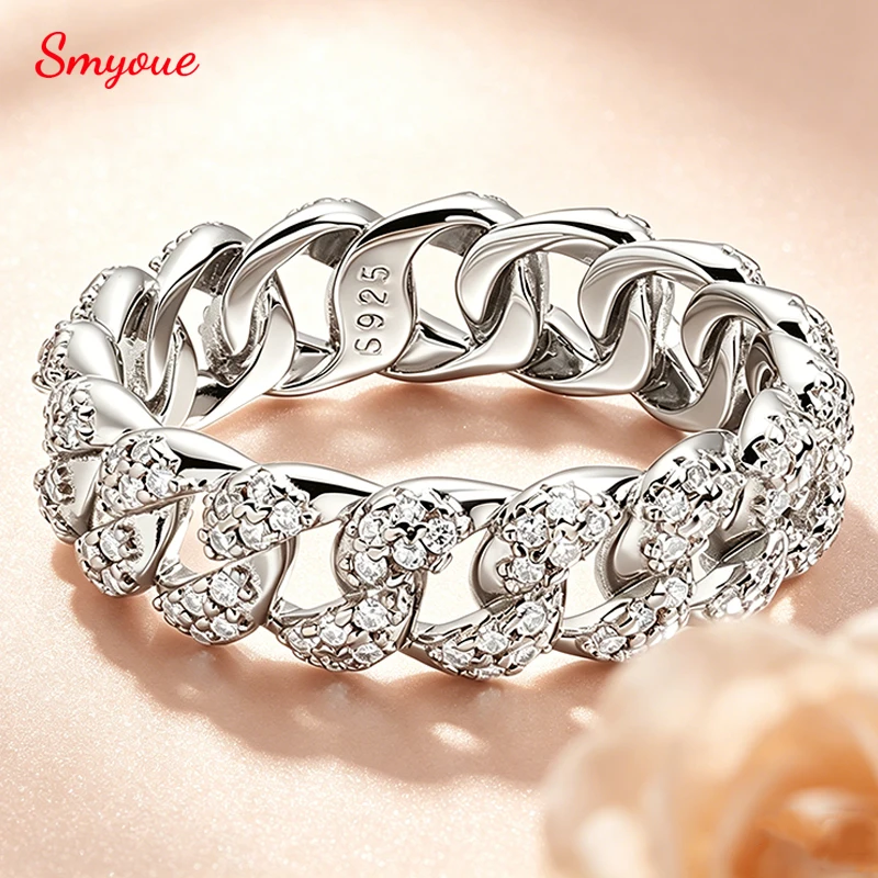 

Smyoue Moissanite Iced Out Cuban Link Rings Pure 925 Silver Bling Hip Hop Chain Ring for Women Men Couple Jewelry D Vvs1 Band