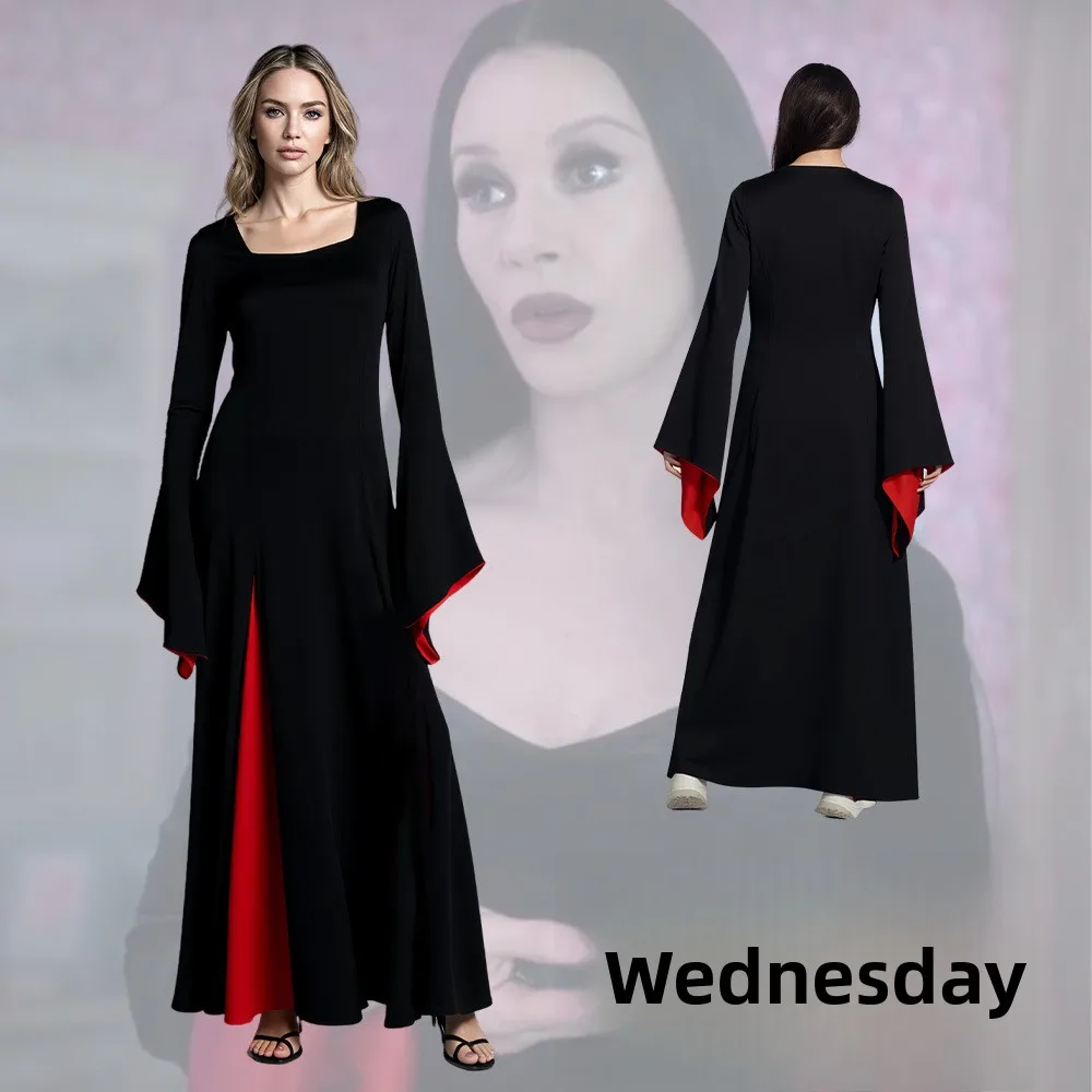 

TV Wednesday Morticia Cosplay Costume Black Robe Wig Set Women Gothic Dress Maxi Skirt Adult Vintage Halloween Masquerade Party