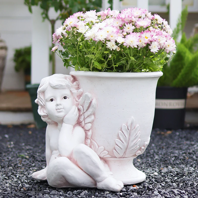 European Retro Figure Outdoor Decor Angel Sculpture Cupid Landscape Ornament Garden Statues Creative Gardening Flower Pot