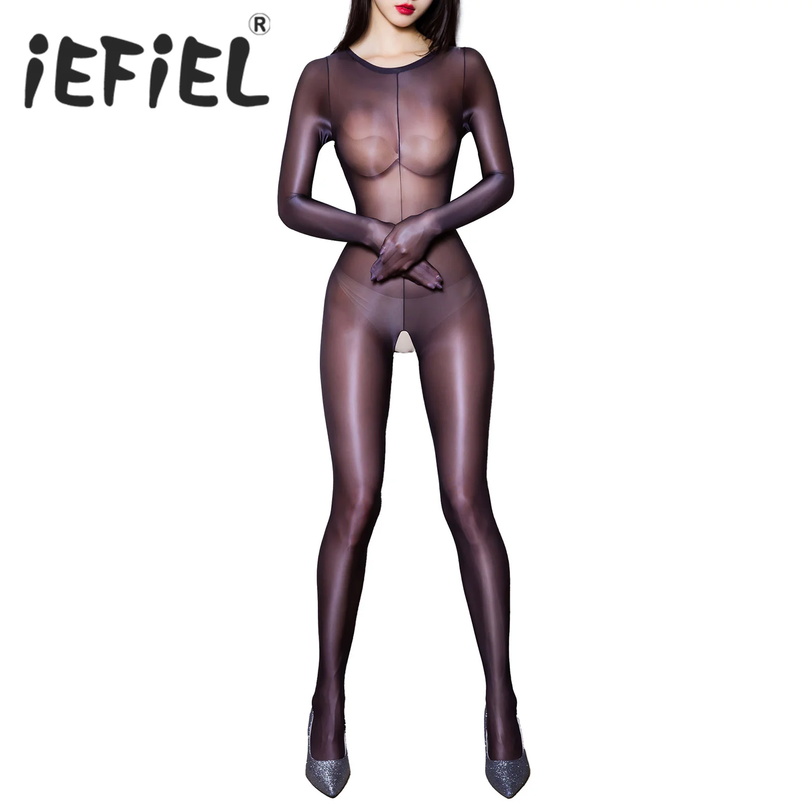 Womens Glossy Bodycon Jumpsuit See-Through Crotchless Exotic Catsuit Stretchy Unitard Skinny Full Bodysuit Lingerie Nightwear