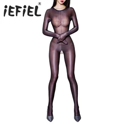 Womens Glossy Bodycon Jumpsuit See-Through Crotchless Exotic Catsuit Stretchy Unitard Skinny Full Bodysuit Lingerie Nightwear