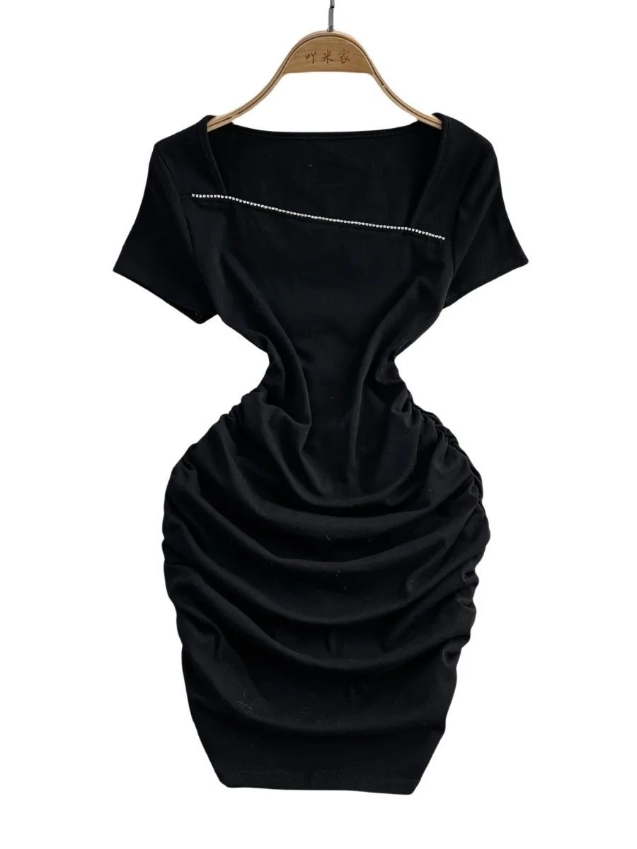 Foamlina zomer persoonlijkheid schuine hals onregelmatige strass sexy mini-jurk elastische magere heup strakke korte mouw onderjurk