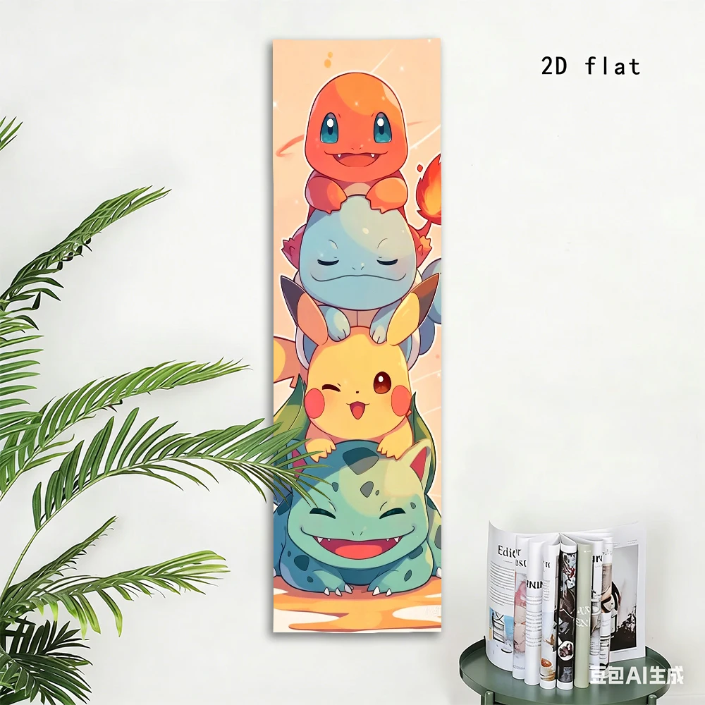 Cute Pokemon Tower Tapestry, Pikachu & Kanto Starters Print, Long Wall Art for Kids & Teens Room Aesthetic Decor
