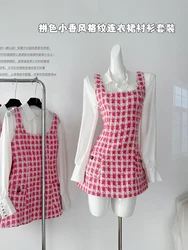 Women Preppy 2000s Aesthetic Cutecore Korean Fashion Outfits 2 Piece Set Long Sleeve Vintage Shirts + Korean Plaid Cami Dress