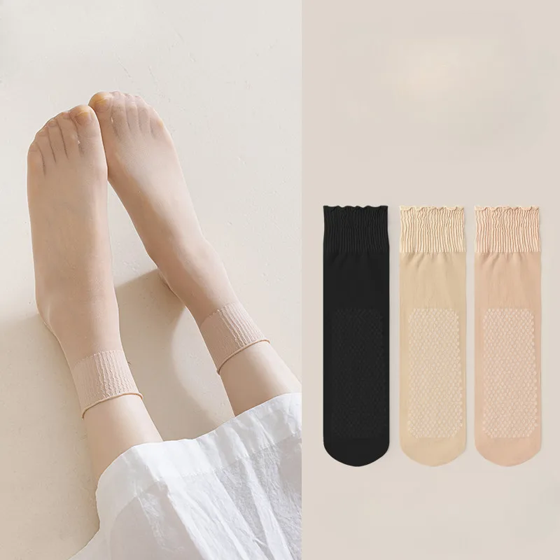 10Pairs Women's Soft Comfortable Silk Mid Calf Socks Non-Slip Bottom Splice Transparent Summer Thin Breathable Mid Tube Socks