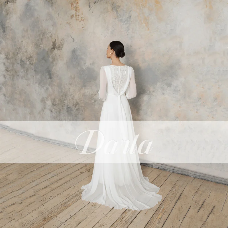 Exquisite Chiffon White A Line Wedding Dresses Square Collar Long Sleeve Bridal Gowns  Pleat Lace Perals Vestido de Novia 2024