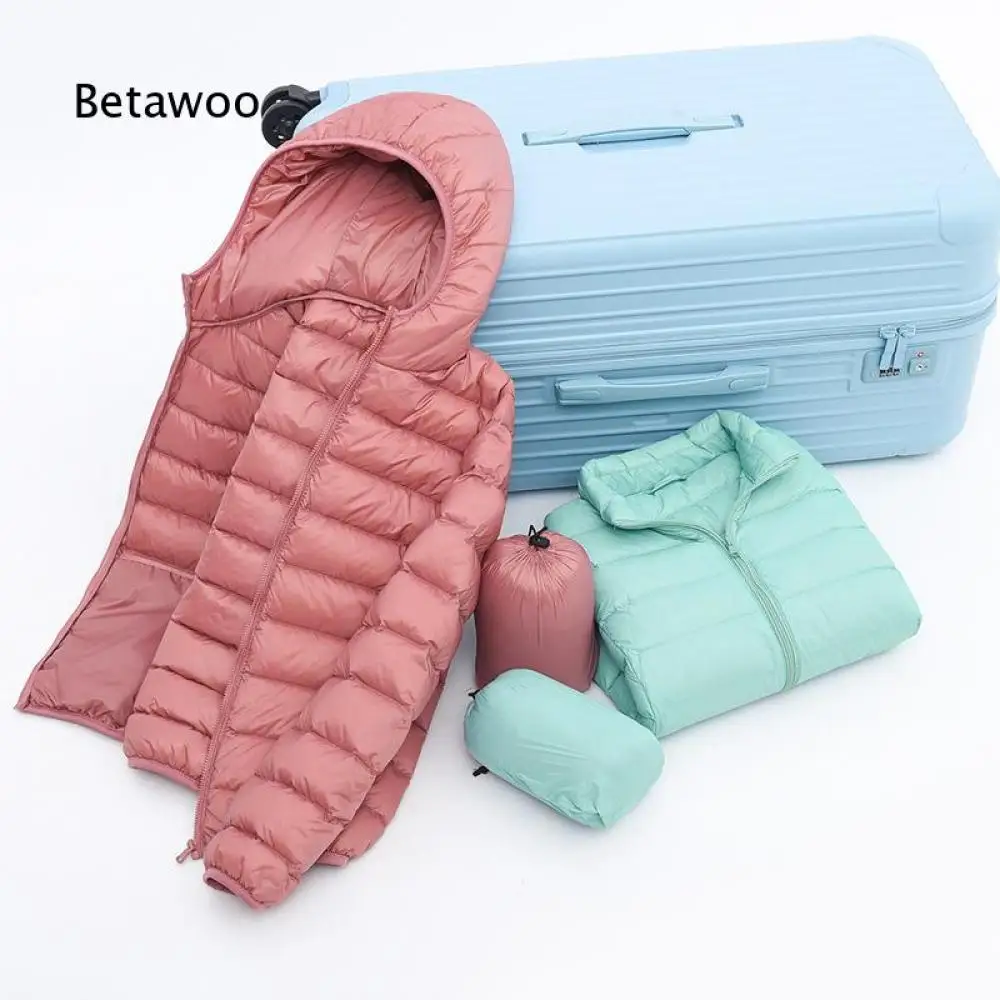 Womens Hooded Horizontal Quilted Down Jacket Long Sleeve Zip Front Slim Fit Outerwear Light Warm Coat For Casual Daily Looks