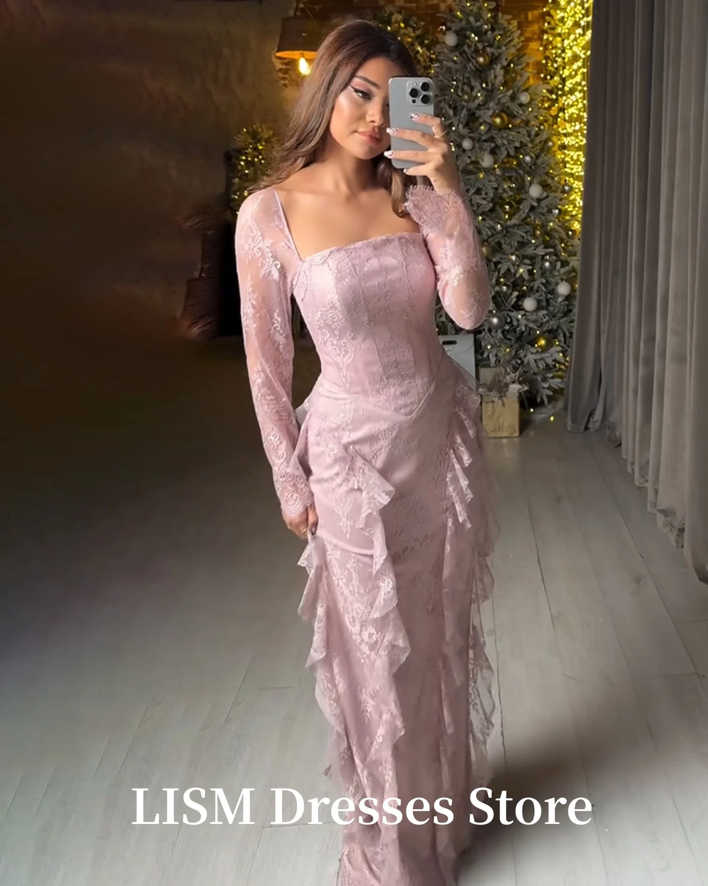 LISM Elegante Rosa Mantel Lange Ärmel Abendkleider Seide Spitze Quadrat Kragen Einfache Frauen Hochzeit Party Kleider Angepasst