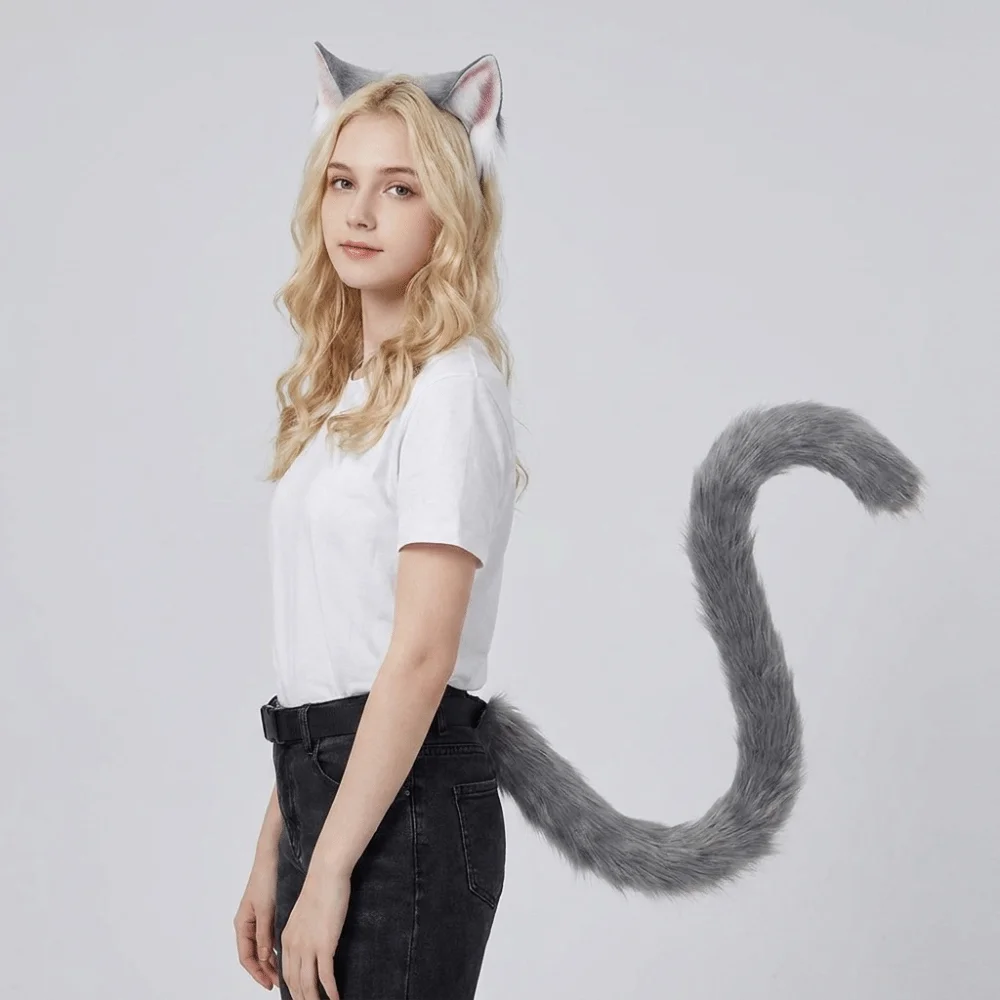 Unique Simulation Animal Cat Ears Headband Plush Party Props Cat Tail Ears Headband Headdress Cat Costume Accessories Halloween